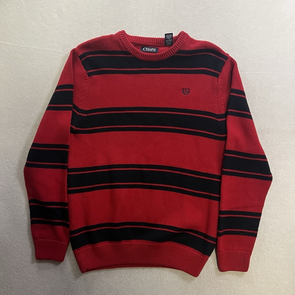 Chaps Sweater Men's Medium Red Black Striped Cotton Knit Pullover Heavyweight